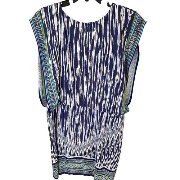 Chicos Size XL Navy & White Ikat Print Sleeveless Tunic Dress W/ Side Drape - Picture 5 of 7